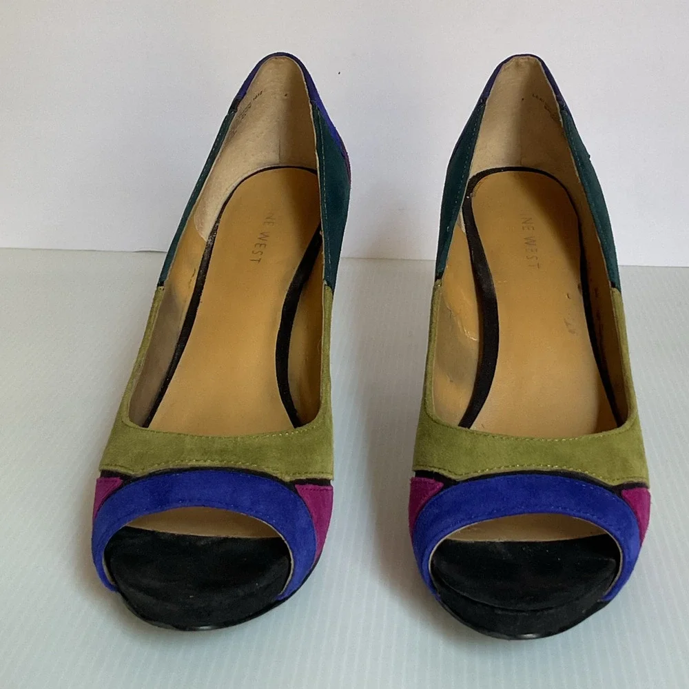 Vintage Nine West Multicolor Suede Patchwork  Retro Y2K  Peep Toe Heels  7.5M